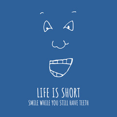 Postcard in a minimalist style in contours with a short sincere phrase. Cartoon graphics. Smiling face character.