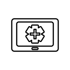 monitor with medical emergency cross icon on screen, line style