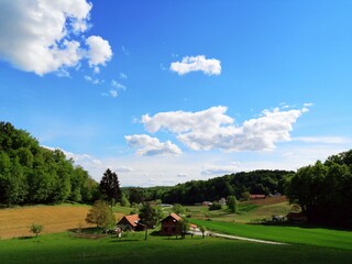 Rural panoramic landscpe view with farms, fields, forest and meadow