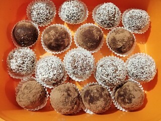 Rum Coconut cake pops in basket close up
