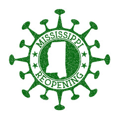 Mississippi reopening stamp. Green round badge of US state with map of Mississippi. US state opening after lockdown. Vector illustration.