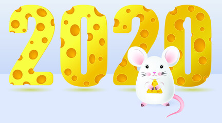 mouse with cheese on the background of the inscription 2020 with cheese texture, EPS 10