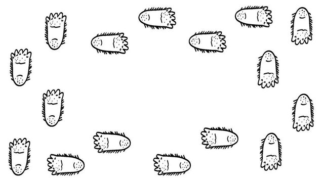 Frame on white background Footprints of a walking Bigfoot. Foot prints of Sasquatch.