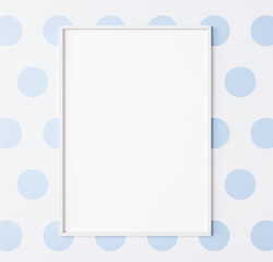 White wooden vertical frame mock up. Kids background. Blue nursery circled wall. Empty poster. 3d rendering