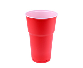 Red plastic cup isolated on white background. Plastic glass