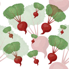 Seamless pattern red radish with green leaves. Vector illustration for background, wallpaper, icon.