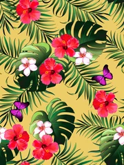 Selbstklebende Fototapeten Exotic tropical pattern with strelizia, hibiscus, palm leaves. Summer vector background for fabric, cover,print design. © Logunova  Elena