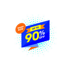 90% off discount sticker, sale blue tag isolated vector illustration. Discount offer price label,symbol for advertising campaign in retail, sale promo marketing.Sale banner template