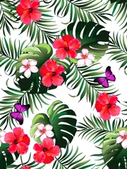 Tuinposter Exotic tropical pattern with strelizia, hibiscus, palm leaves. Summer vector background for fabric, cover,print design. © Logunova  Elena