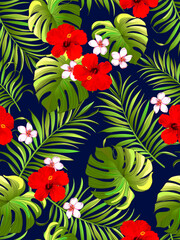 Fototapeta na wymiar Exotic tropical pattern with strelizia, hibiscus, palm leaves. Summer vector background for fabric, cover,print design.