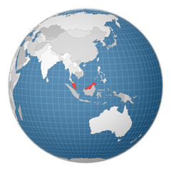 Fototapeta premium Globe centered to Malaysia. Country highlighted with green color on world map. Satellite world projection. Superb vector illustration.