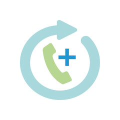 medical phone line symbol, phone and medical cross with arrow around, flat style