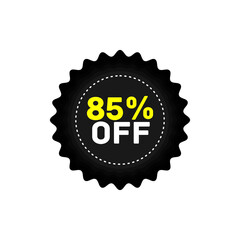 85% off discount sticker, sale black tag isolated vector illustration. Discount offer price label,symbol for advertising campaign in retail, sale promo marketing.Sale banner template
