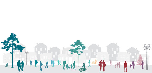 Silhouettes of people, men, women and teenagers walking, riding a Bicycle, families with children in a Park on the outskirts of the city, green red gray colors isolated on a white background