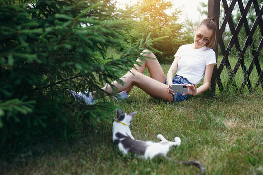 A girl in sunglasses sits on the grass and photographs on a smartphone an oriental cat lying on the ground in nature