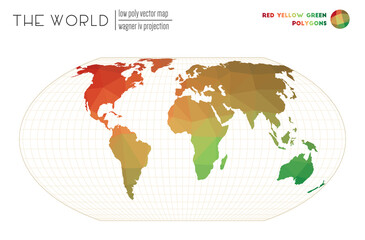 Abstract world map. Wagner IV projection of the world. Red Yellow Green colored polygons. Energetic vector illustration.
