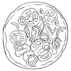 Outline sketch of pizza with tomatoes and onion in doodle style. Vector illustration