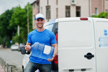 Delivery men in front cargo van delivering bottles of water.