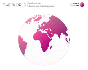 Abstract world map. Chamberlin projection for Africa projection of the world. Red Purple colored polygons. Energetic vector illustration.
