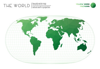 World map in polygonal style. Natural Earth II projection of the world. Yellow Green colored polygons. Beautiful vector illustration.