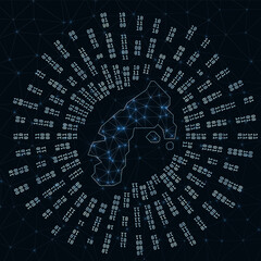 Water Island digital map. Binary rays radiating around glowing island. Internet connections and data exchange design. Vector illustration.