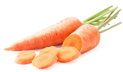 Fresh carrots whole and sliced on a white background. Isolated