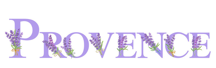 Decorative word Provence with hand drawn watercolor lavender flowers, symbol of summer holidays and French Provence region © Contes de fée 