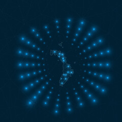 Lord Howe Island digital map. Glowing rays radiating from the island. Network connections and telecommunication design. Vector illustration.