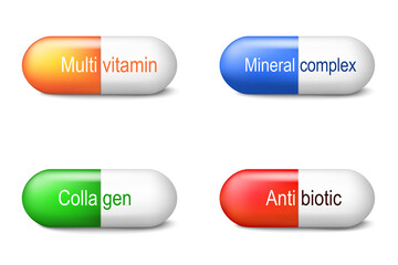 Capsules with collagen, antibiotic, multivitamin and mineral complex. Pharmacy. Set icons.