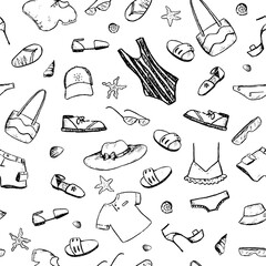 Summer themed doodles seamless pattern. Summer clothes, shoes and accessories, beach vacations, walks, shells monochrome background. Hand drawn vector design for print, wrapping, fabric, card, textile