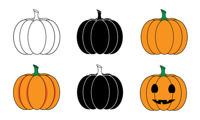 Vector pumpkin set in different styles. Outline, flat, cartoon, Halloween pumpkins isolated on white background.