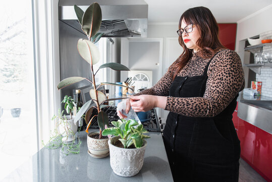 Mature Woman Spraying House Plants In Kitchen