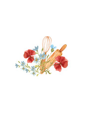 Watercolor logo for cake shop and bakery, kitchen with floral elements and flowers poppies and forget-me-nots, leaves and cooks. delicate logo illustration for your business.