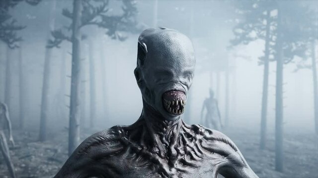 scary monster in fog night forest. Fear and horror. Mistic and ufo concept. Realistic 4K animation.