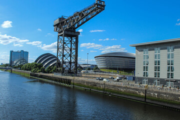 River Clyde landscape showing the Scottish Exhibition Centre, Finnieston Crane and SSE Hydro