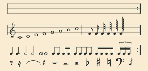 Music notes icons. Musical notation symbols such as treble and bass clef, eight, sixteenth, half, whole notes , sharp and flat signs, pauses and other. Music-related elements. Vector illustration.