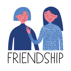 Vector illustration of two girls' friendship. Girls with blue hair and blue sweaters. They communicate.