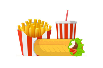 Fast sreet food takeaway lunch meal set. Shawarma doner kebab roll with french fries pack and beverage soft drink soda cup. Flat isolated strip packing eps vector illustration