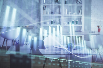 Double exposure of financial graph drawing and office interior background. Concept of stock market.