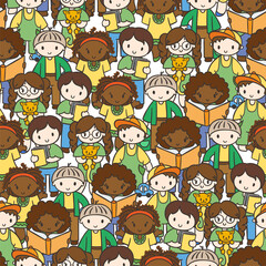 Doodel seamless pattern with group of children, teens, girls, boys with different hairstyles and toys