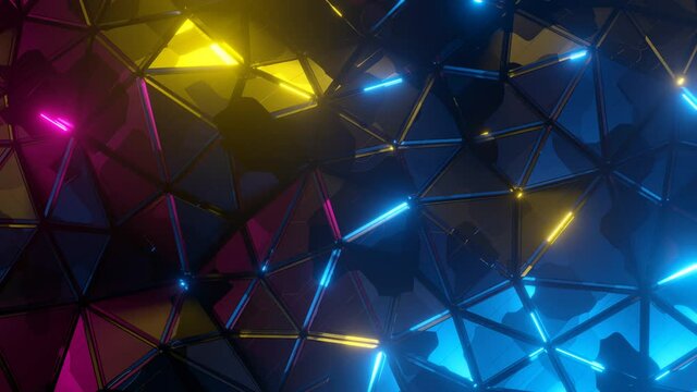 Glowing neon low-poly dark waving surface. 3D abstract render sparkle light background. Seamlessly looping colorful video