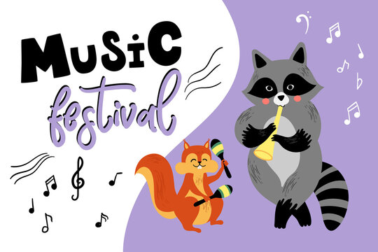 Vector music card with cartoon animals musicians playing musical instruments. Cute illustration