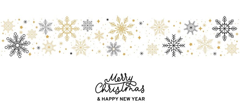 Merry Christmas abstract card with snowflakes and lettering. Winter background with golden and black snowflakes isolated on white background. Vector illustration