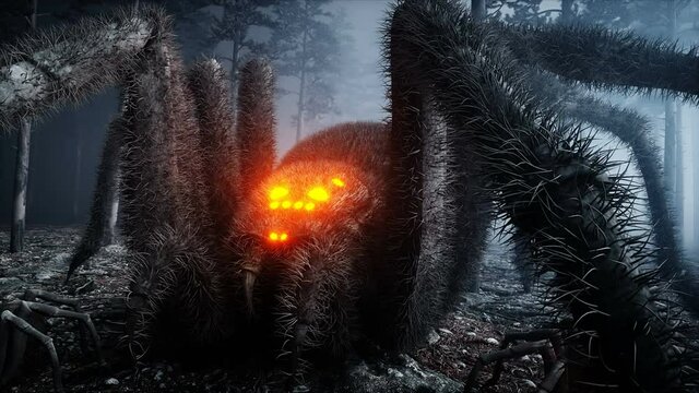 scary gigant spider in fog night forest. Fear and horror. Mistic and halloween concept. Realistic 4K animation.