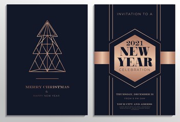 New Year party invitation set with rose gold geometric abstract lines and navy blue background. Elegant Christmas template with Christmas tree. Vector illustration.