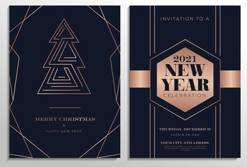 Naklejka premium New year party invitation with stylized christmas tree. Elegant design template for Christmas with rose gold abstract lines and navy blue background. Luxury Xmas cards set. Vector illustration