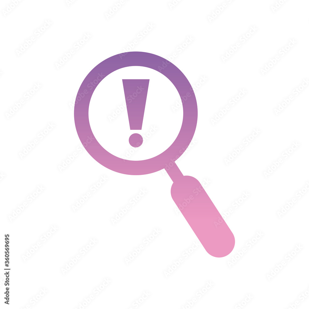 Aufkleber exclamation mark inside lupe gradient style icon vector design
