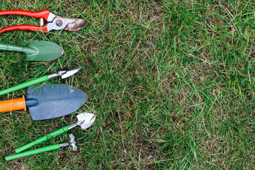 Gardening tools on a lawn