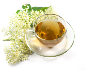 Elderflower tea in a glass cup with some blossoms isolated on a white background, natural home remedy against cold, flu and fever, copy space