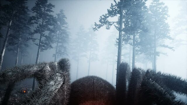 scary gigant spider in fog night forest. Fear and horror. Mistic and halloween concept. Realistic 4K animation.